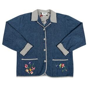 Vintage Denim Chore Jacket Womens Floral Embroidered Button Front Size Small